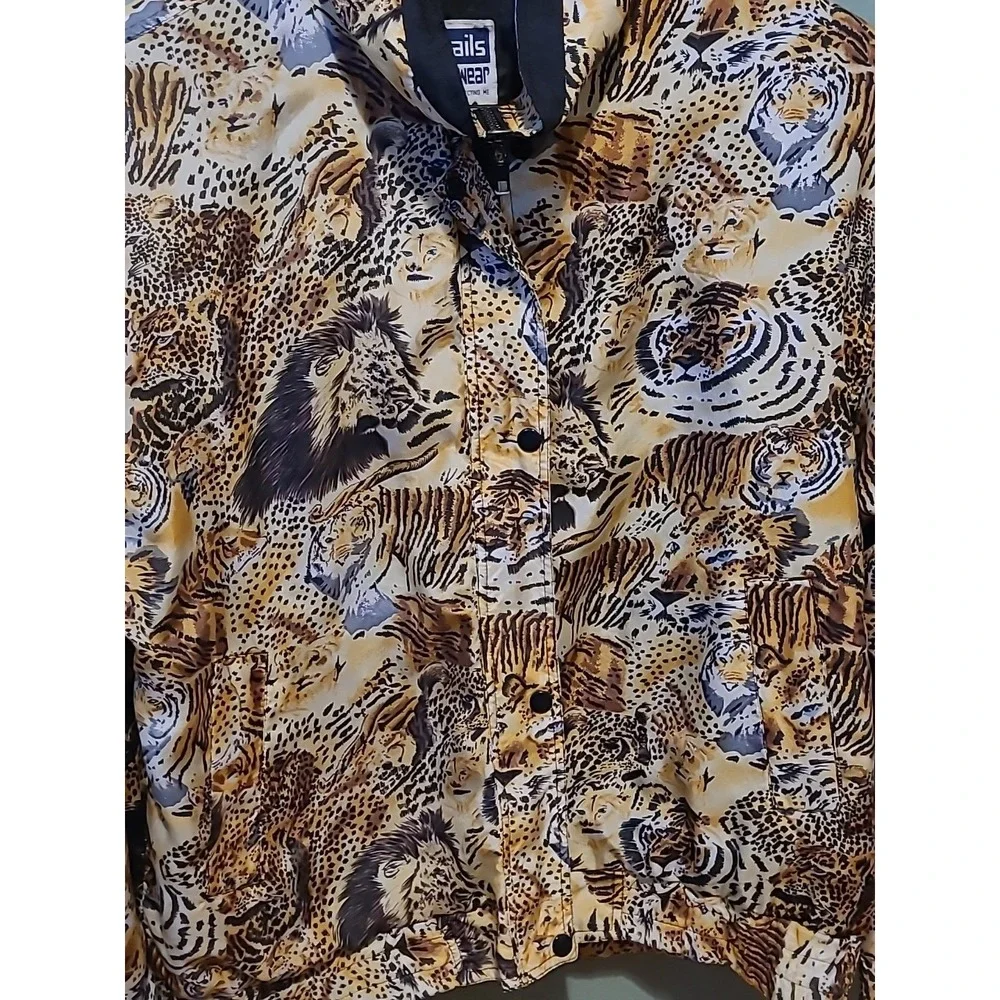 Vintage 1980s 100% Silk Cat Windbreaker Coat Lions Tigers Leopard Sz Medium - Picture 2 of 11